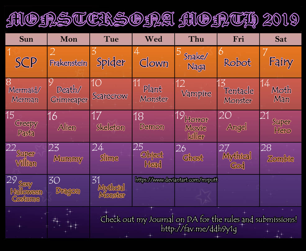 Monstersona Month Challenge Calander 2019 by MrPutt