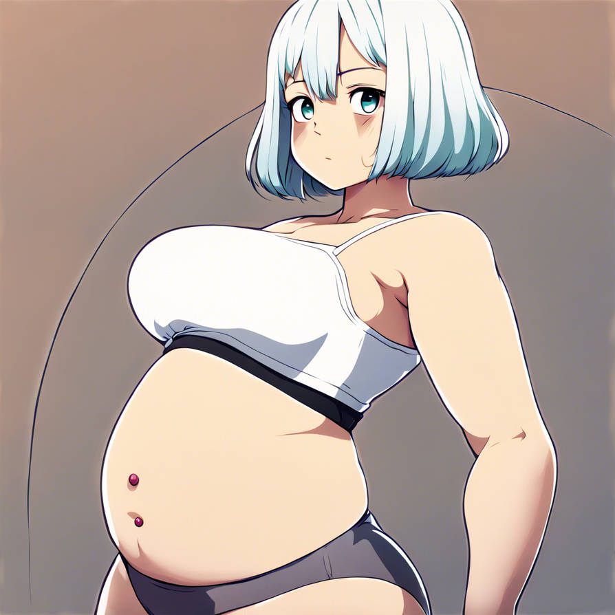 An anime woman with a white crop top and a huge in