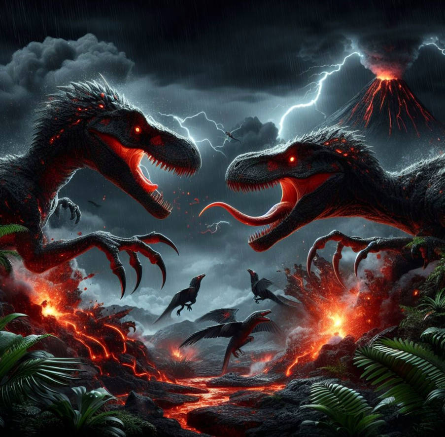 Raptors fighting during volcanic eruption by IntrepidDesigns on DeviantArt
