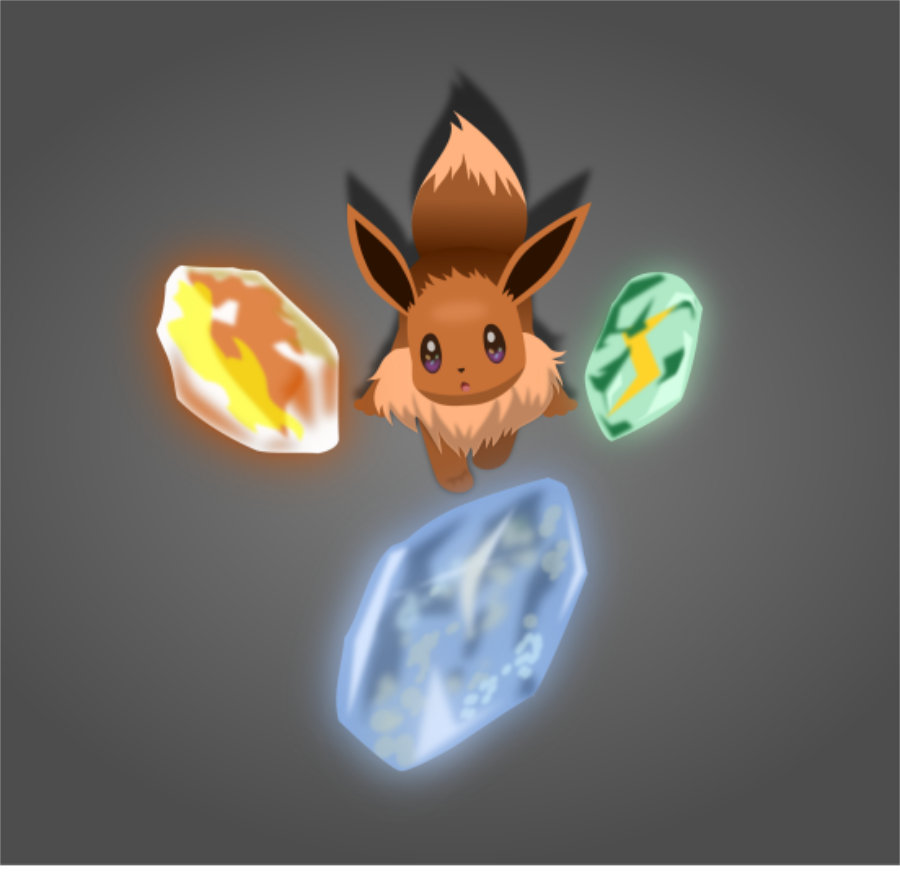 A shiny eevee presenting the three precious evolution stones