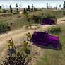 Yellows fighting past destroyed Purple vehicles