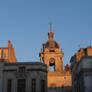 A church tower at sunset