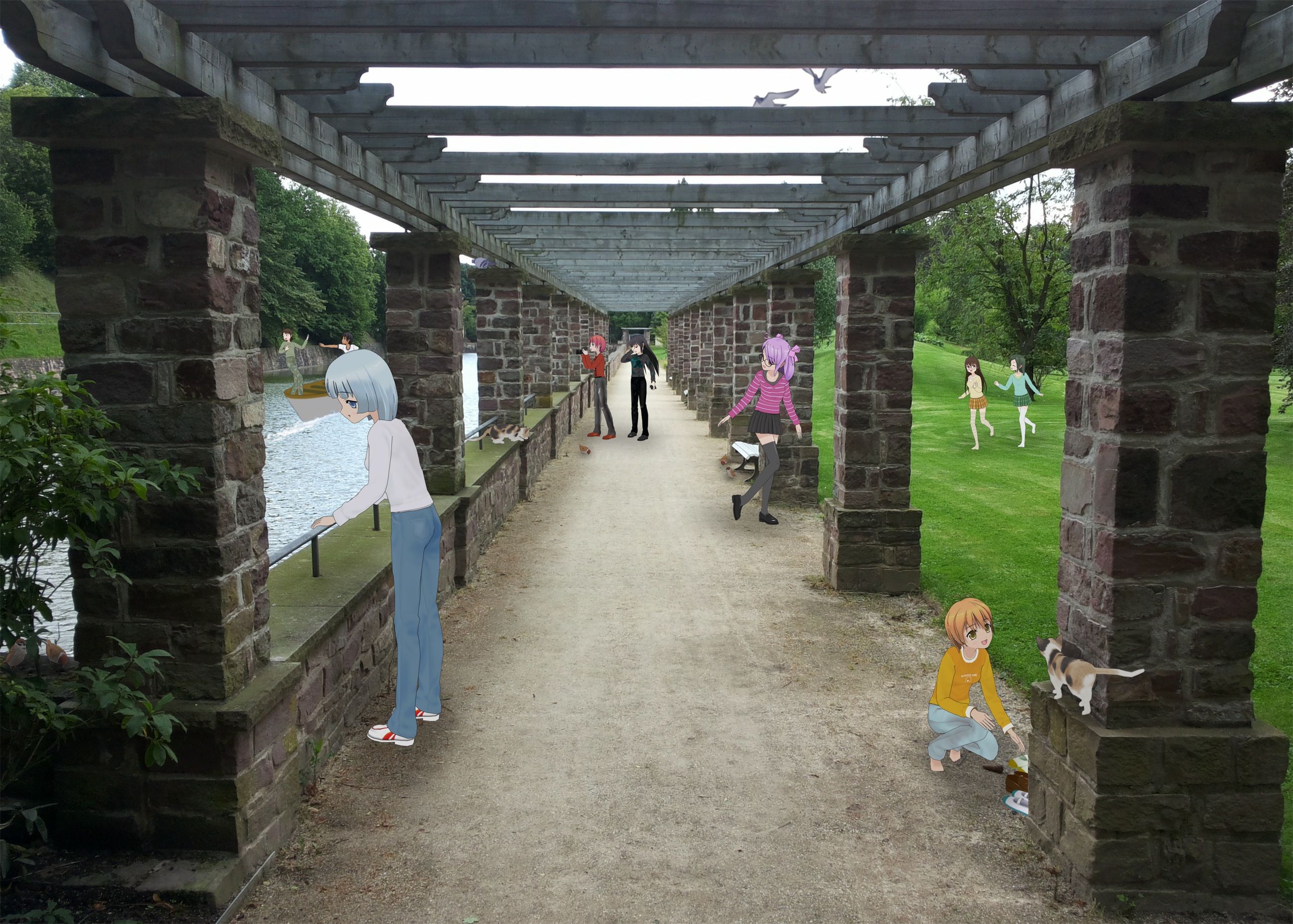 Animegirls in Nature Park with Pergola Pathway