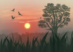 Tree, Grass, Sunset, Birds
