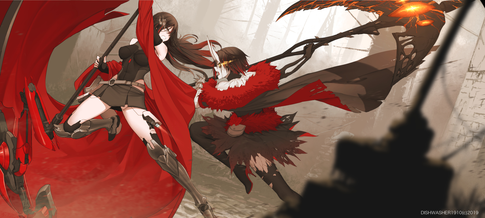 Art of Ruby from RWBY 3.0 and Ruby from RWBY Grimmverse fighting with their respective modified scythes.