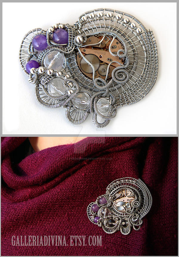 Industrial wire wrapped brooch with amethysts