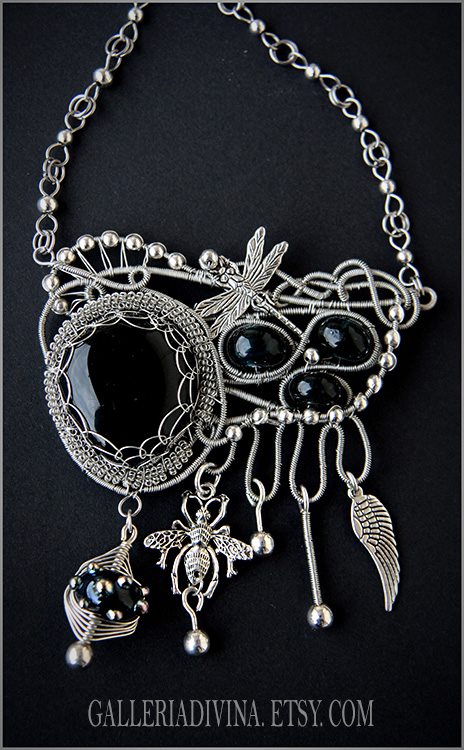 Insectum - Wire wrapped black - dark blue necklace