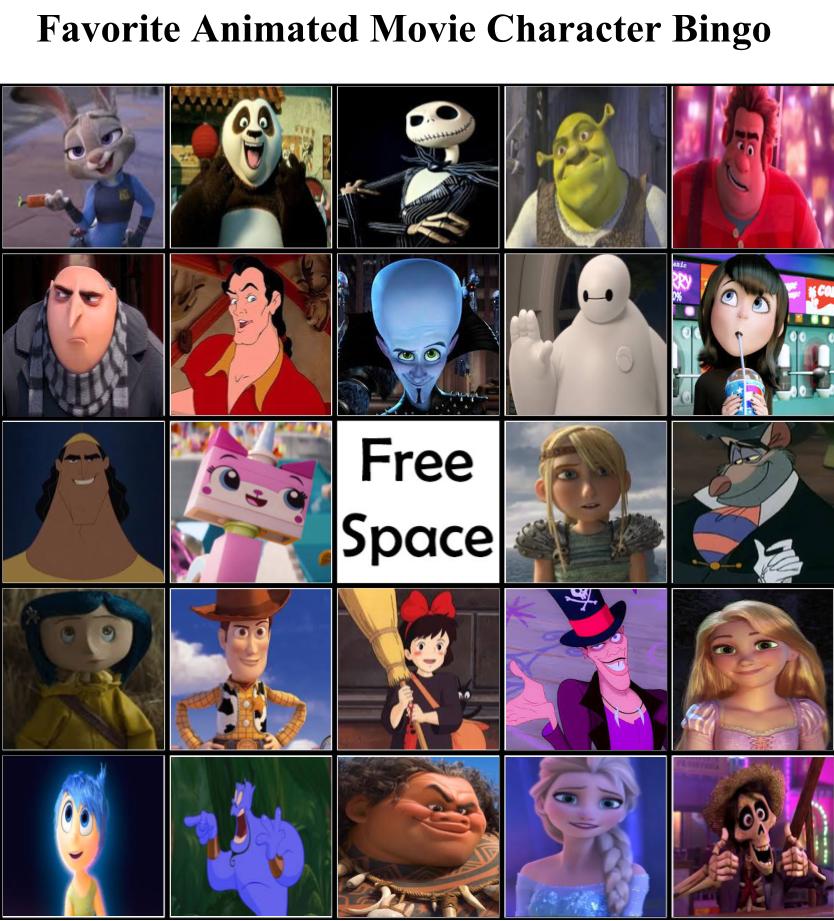 Favorite Animated Movie Character Bingo by mlp-vs-capcom on DeviantArt Favorite Animated Movie Character Bingo by mlp-vs-capcom on DeviantArt