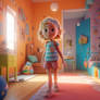 cute Pixar style baby girl walking in the room