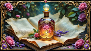Rose Elixir and Ancient Book with Floral Frame