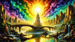 Celestial Heavenly City Under a Bright Rainbow Sky