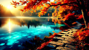 Picturesque Sunlit Path by a Glowing Autumn Lake