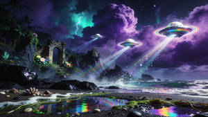 Mystical Coastal Storm With Rainbow UFO Portal