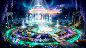 Sacred Crystal Pavilion Under Aurora Starlight