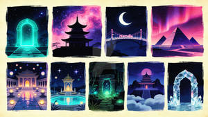 Divine Mystical Temples Pagoda Bridge Night