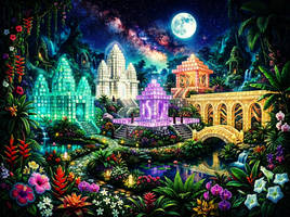 Radiant Crystal Temples in Moonlit Jungle