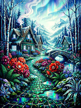 Breathtaking Aurora Winter Cottage Floral Path