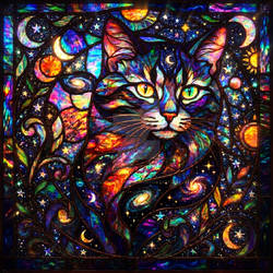 Mesmerizing Cosmic Cat in Stained Glass
