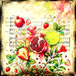 Sparkling Fruit Still Life on Vintage Sheet Music