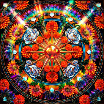 Radiant Floral Mandala with Sacred Sun Wheel