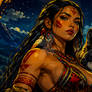 Warrior with wolf under moonlight