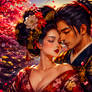 Romantic sunset in a cherry-blossom garden