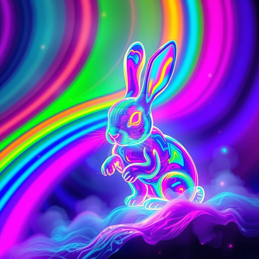 Rainbow Neon Rabbit Pulsating On A Lsd Trip With E