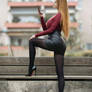 Black heels with black skirt and red blouse