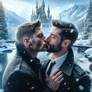 Jensen and Hugh kissing during winter