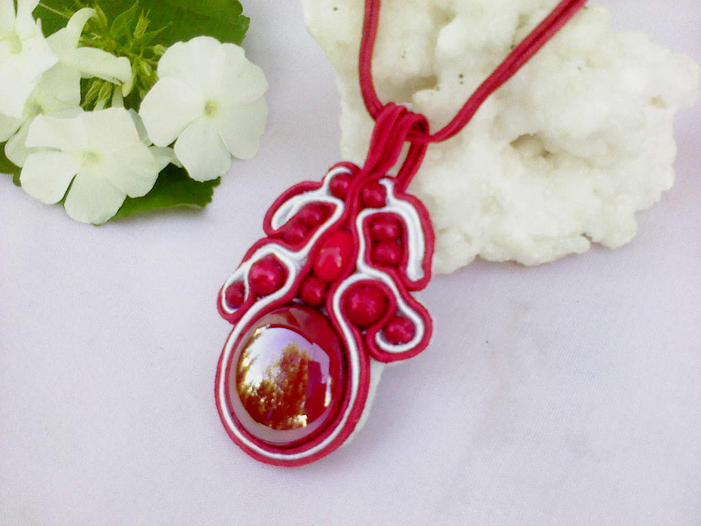 Soutache pendant with red glass