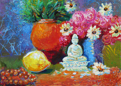 White Buddha Statue. Still Life with Flowers