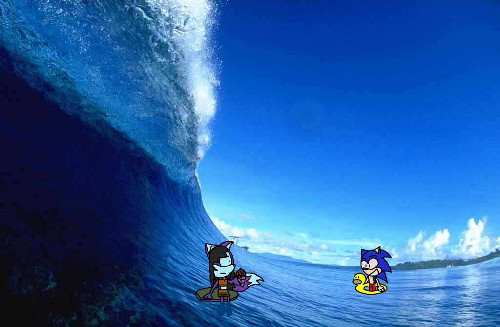 Milla about to be hit by a wave