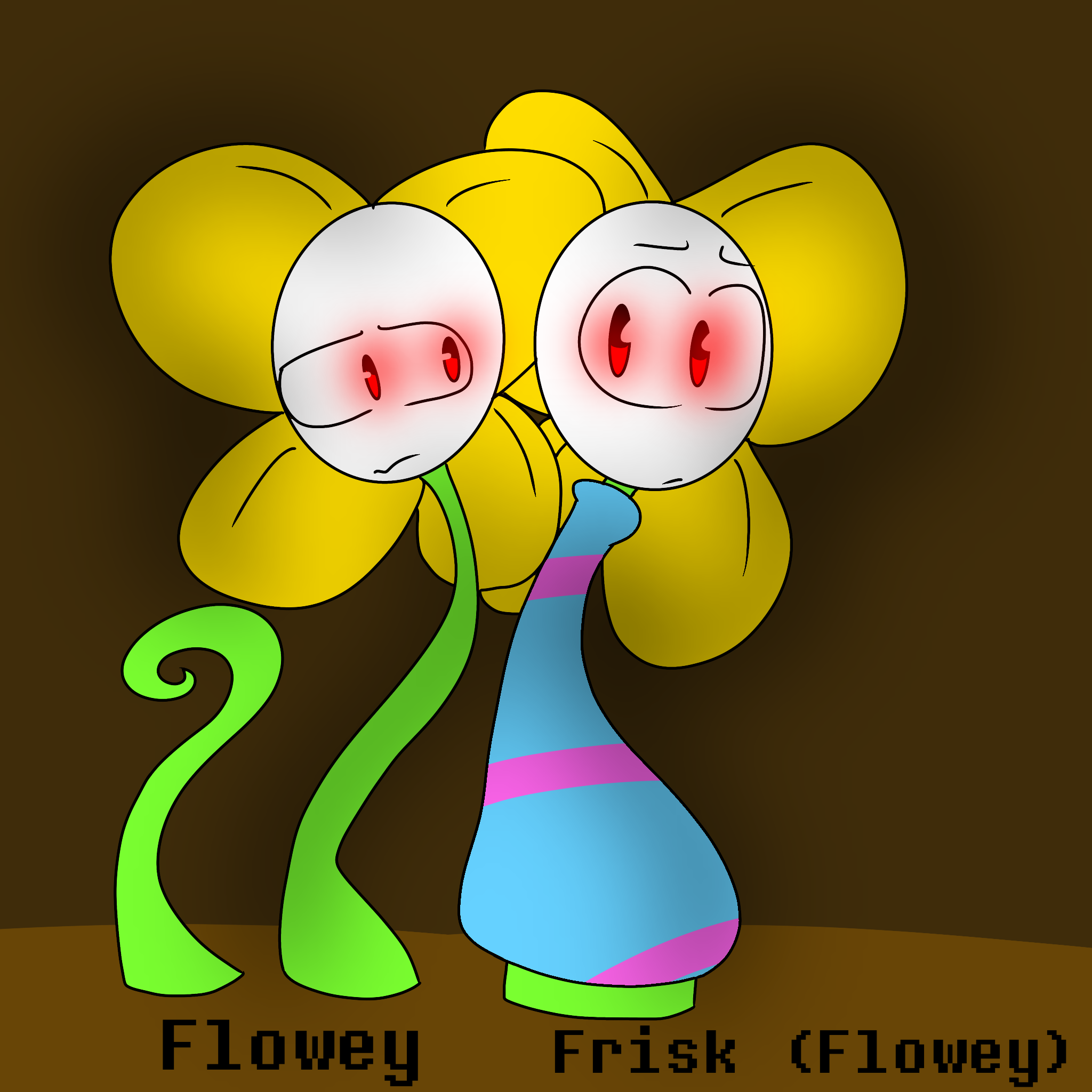 frisk, flowey, and photoshop flowey (undertale) drawn by k_ptn