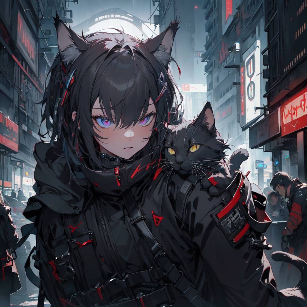 Cyberpunk anime character with red hair and cat ears