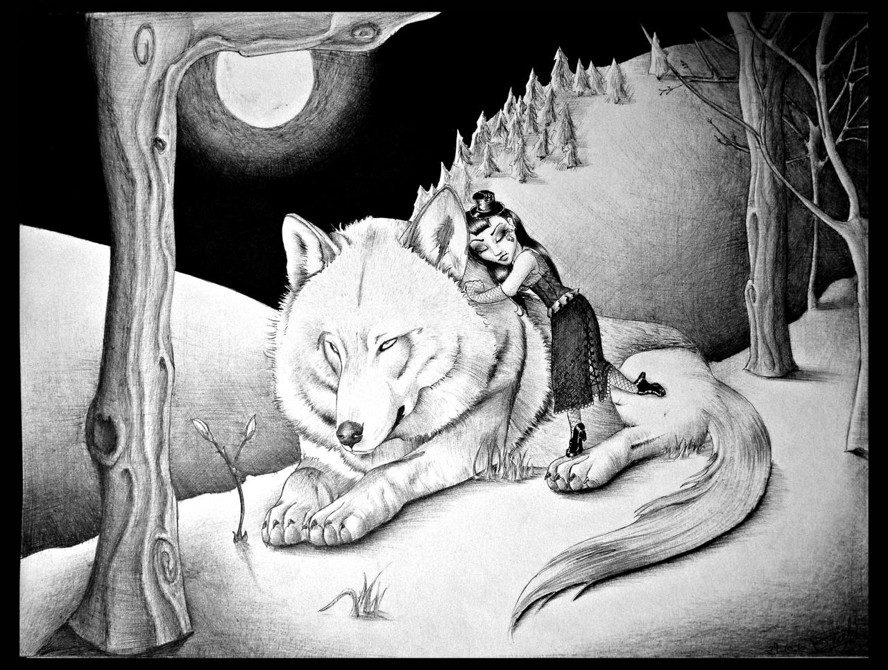 Wolf and girl - ball point pen