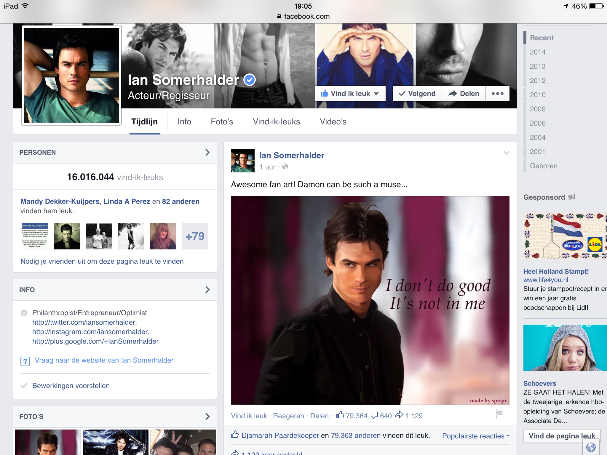 Ian Somerhalder posted my work on Facebook