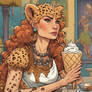 Cheetah woman eating ice cream.