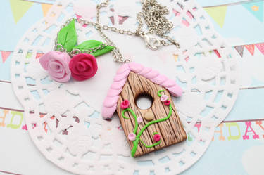 Pink birdhouse necklace