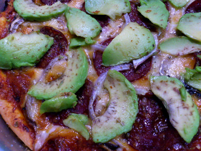 Avocado pepperoni pizza