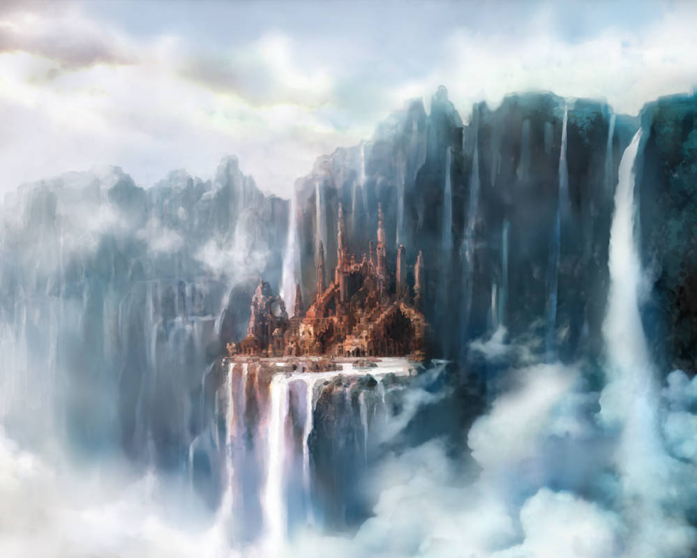 Дворец водопадов. Скалы фэнтези. Горы фэнтези. Водопад в горах. Замок водопад фэнтези.