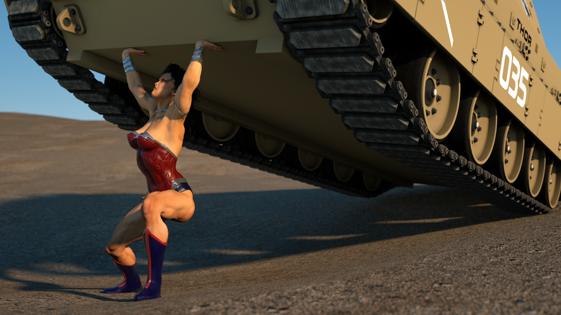 Wonder Woman lifts a tank