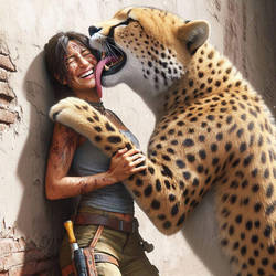 Giant cheetah licking Lara Crofts face nonstop