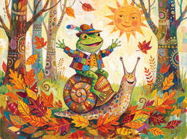 A frog and his snail friend racing through fallen leaves