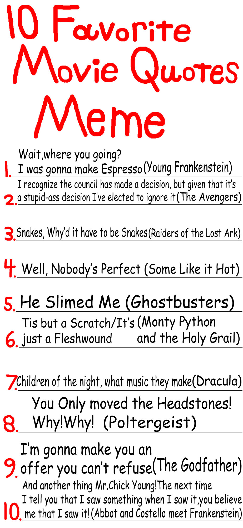 10 Favorite Movie Quotes Meme filled by TandP on DeviantArt