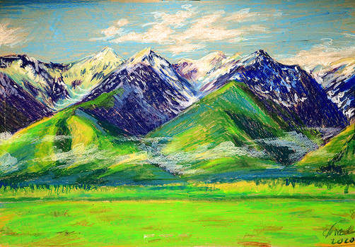 The Blue Mountains - oil pastel - Tolkien art