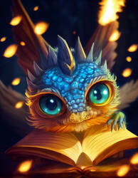 Cynnalia feathered cute baby dragon reading ancien