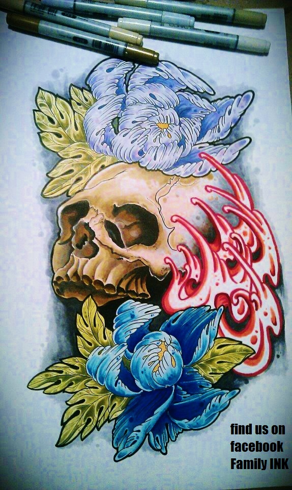 SKULL AND PEONY FLOWERS tattoo flash