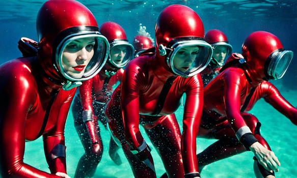 Female Divers In Skin-tight Shiny Crimson Red Vint