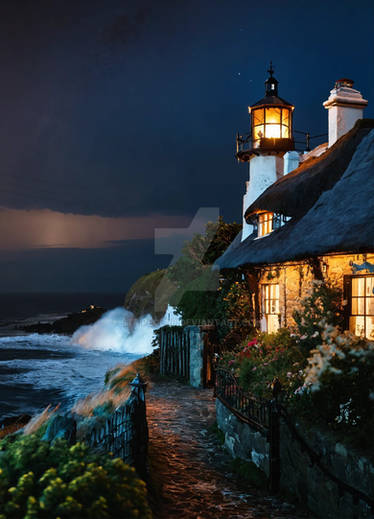 Beautiful thatched cottage at night