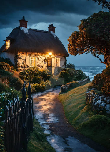 Beautiful thatched cottage at night